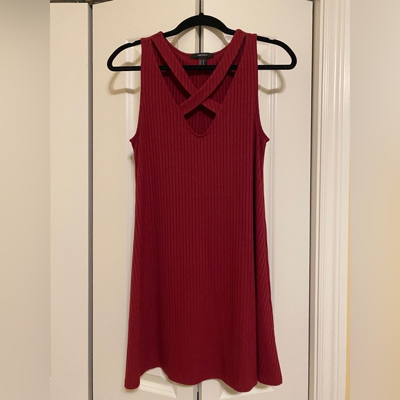 Extra Small Maroon Ribbed Dress with Crossover Neckline from Forever 21. - Picture 1 of 6